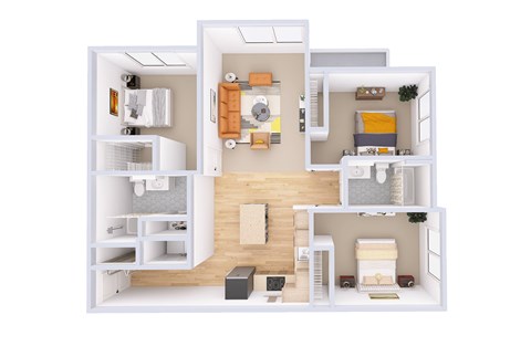 Floor plan for 3 beds, 2 baths, 1301 sqft